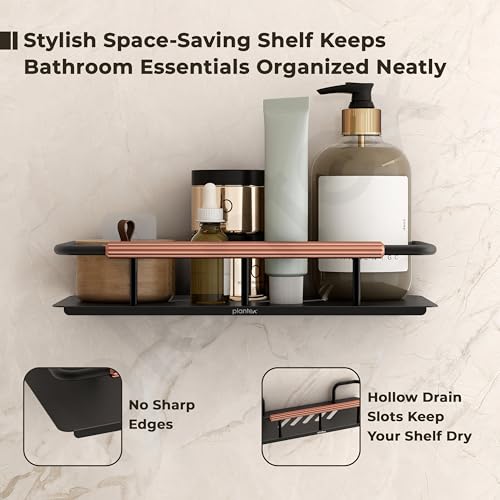 Image of Plantex Self Adhesive Bathroom Shelf /Stainless Steel Bathroom Shelf Rack /Wall Shelf for Bathroom /Bathroom Organiser Without Drill /Bathroom Accessories SetPack of 1 (12x5 inches, Copper & Black)