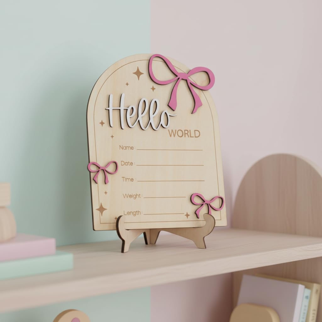 Hello World Baby Birth Stats Sign Wooden Keepsake with Pink Bow, Newborn Photo Prop, Nursery Decor, Baby Shower (Pink)