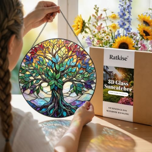 Stained Glass Window Hanging, Tree of Life 3D Embossed Diamond Glass S - image 5
