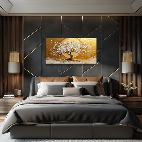 SERIMINO Tree of Life Large Wall Art, Gold Tree Nature-Inspired Abstract Art Prints, Blooming Flowers Canvas Painting, Sun Modern Wall Decor Living Room Bedroom Home Office Ready to Hang 20"X40"