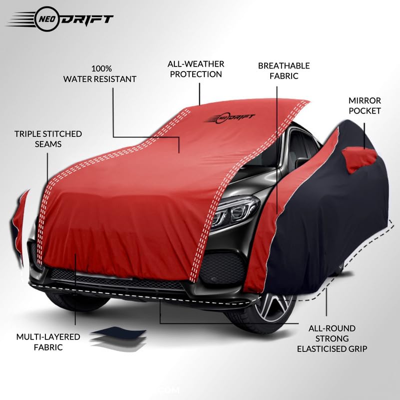 Image of NEODRIFT 'SuperTech' Car Cover for Mahindra BE 6E (100% Water-Resistant, All Weather Protection, Tailored Fit, Multi-Layered & Breathable Fabric) (Colour: Red+Black)
