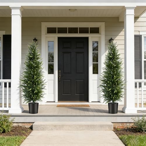 Artificial Cedar Topiary Trees 4FT, Set of 2 – Outdoor Faux Evergreen Trees for Front Porch, Tall Slim Artificial Trees for Front Door, Patio, Garden & Entryway Décor - Image 4