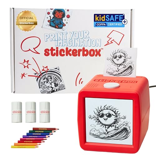 Image of Stickerbox AI Voice-Powered Mini Sticker Maker for Kids - Portable Thermal Inkless Printer with 3 Paper Rolls & 8 Colored Pencils - Ages 5+, Kid-Safe AI Sticker Printer for Screen-Free, Custom Plays