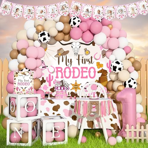 My First Rodeo Decorations Girl Cowgirl 1st Birthday Party Supplies Western Cowgirl First Party 1st Rodeo Backdrop Balloon Arch Topper Banner Crown Tablecloth for One Year Old Girl Party
