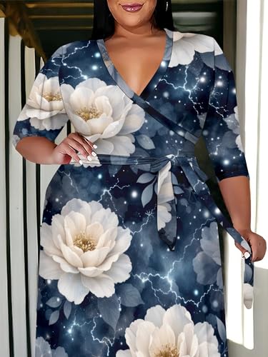 Image of SUZONANA Women's Plus Size Maxi Dresses Casual Loose Short Sleeve Long Maxi Dress with Belt Wedding