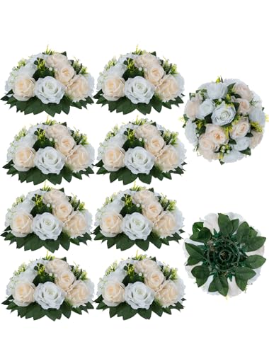 Flower Balls Wedding Rose Centerpieces: 10 Pcs Fake Flowers with Base Kissing Balls Decor Champagne &White Artificial Floral Arrangements Flower Bouquet of Roses Home Party Table DIY Decorationss