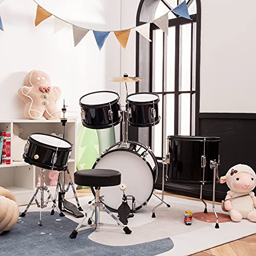 Costzon 16” Kids Drum Set, 5-Piece Full Size Complete Junior Drum Set With Adjustable Throne, Cymbal, Hi-Hat, Pedal & Drumsticks, Beginner Drum Kit With Bass Snare Tom Drum, Age 3-12, Black #TOP1