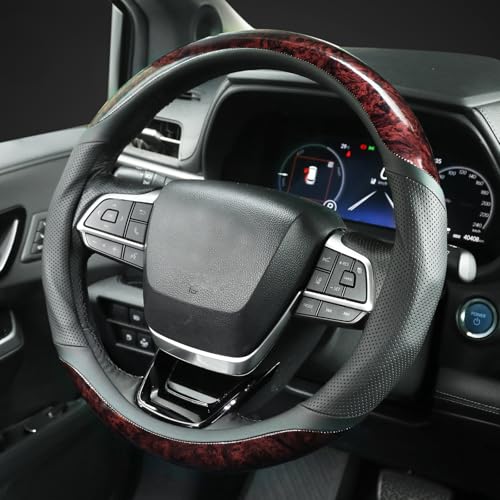 KAFEEK Wood Grain Steering Wheel Cover, Microfiber Leather with Breathable Side Grips, Anti-Slip Rubber Inner Ring, Odorless Mahogany Car Steering Wheel Protector for Men Women, Universal 15 Inch — view 3