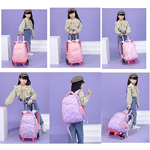 Stripe Rolling Trolley Bag Wheeled Backpack For Girls Primary Geometric Schoolbag Elementary Bookbag (Purple Pink) #TOP5