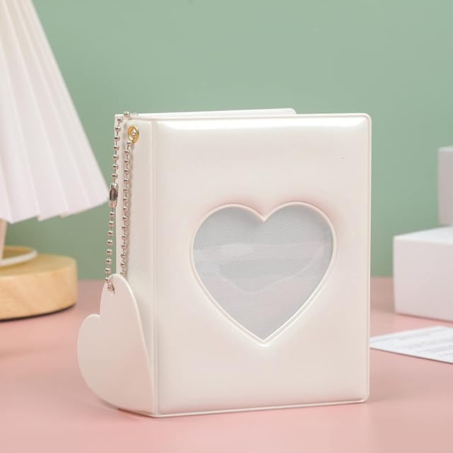 MYBOO 3 Inch Kpop Photocard Holder Book Mini Photo Album Mirror-like Photocard Binder Small Photo Card Book Love Heart Hollow Photocard ID Holder with Love Heart Pendant 32 Pockets (White)