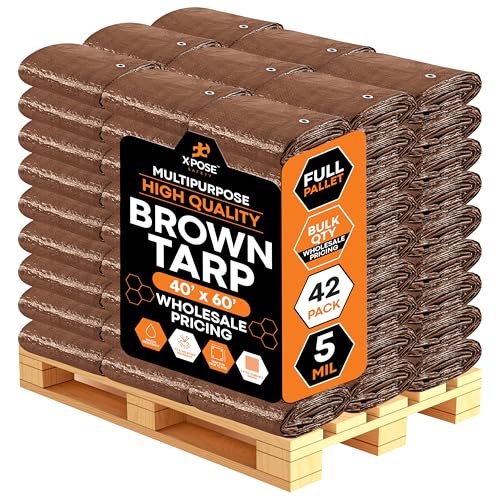 Image of Multipurpose Protective Cover Brown Poly Tarp 40' x 60' - Bulk Full Pallet (42 Pack) Durable, Water Resistant, Weather Resistant - 5 Mil Thick Polyethylene - by Xpose Safety