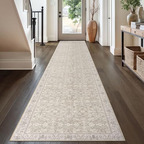 2.6x16 Cream Beige White Grey Washable Runner Rug for Kitchen, Soft Classic Runner with Non-Slip, Non-Shedding Distressed Floral Rug for Hallways Entryway Bedroom Laundry Indoor