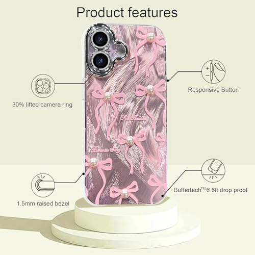 Image of VONZEE Compatible with iPhone 16 Case Luxury Pink Girly Cute 3D Bow Pearl Glitter Bling Case with Full Camera Protection Shockproof PC+TPU Glossy Shiny Cover for Girls Women, Pink