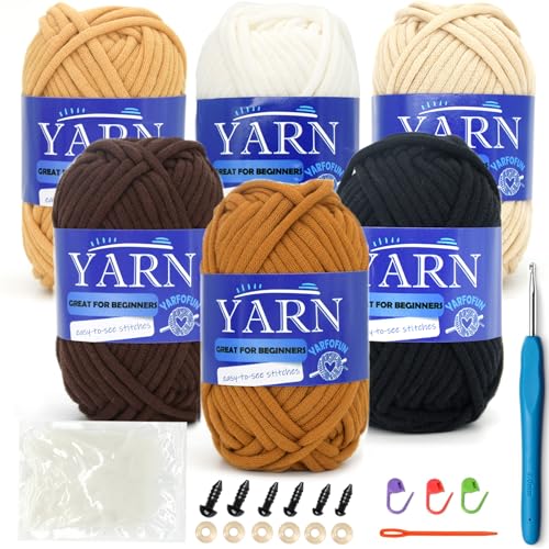 Image of 6 Pack Cotton Yarn for Beginners - Easy to See Stitches Crochet and Knitting Kit - Cotton Nylon Blend - Brown Series
