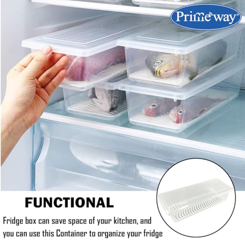 Image of Primeway Polypropylene Pack of 3 Food Savers Containers with Water Drain Tray | Kitchen Boxes | Fridge Organiser | Keep Fresh Storage | Stackable | 29.5x11.8x7.2cm | 1.5L each | Clear