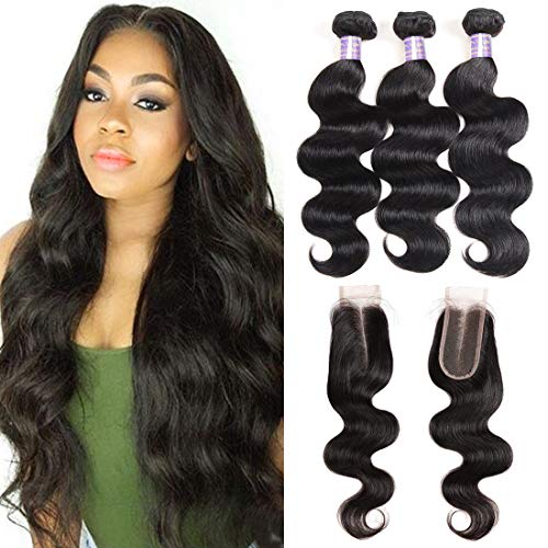 8a Brazilian Body Wave Bundles with Closure (16 18 20+14) 3 Bundles with 2X4 Middle Part Lace Closure with Baby Hair Natural Black Unprocessed Virign Brazilian Human Hair Bundles