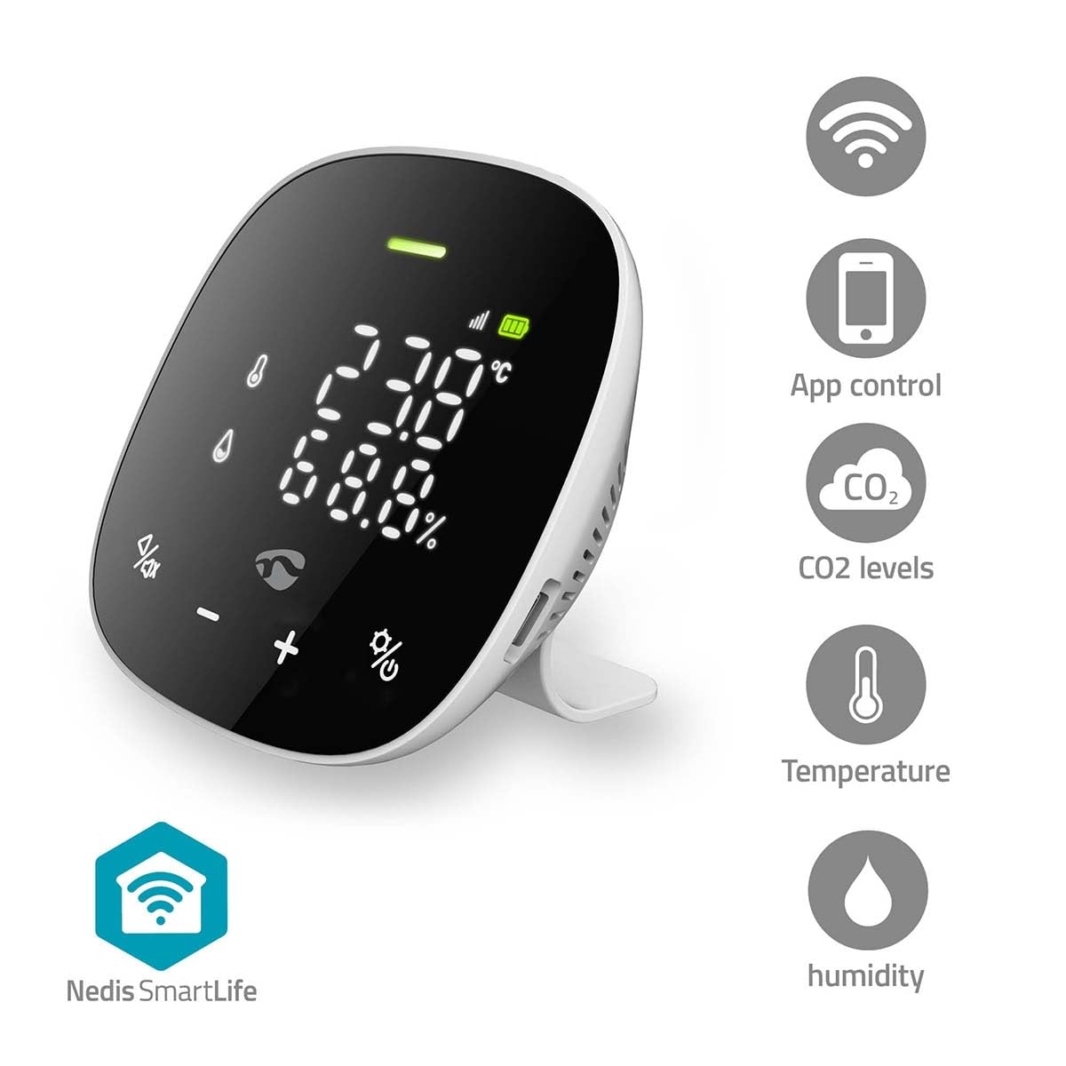 SmartLife Monitor de calidad del aire – Wi-Fi – Incluye pantalla – Dióxido de carbono (CO2) / Humedad/Temperatura – Android/IOS – Negro/Blanco