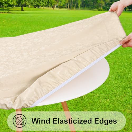 Image of Smiry Waterproof Heavy Duty Vinyl Fitted Tablecloth for 31 inch-35 inch Round Table | Elastic Plastic Table Cloth, Wipeable Washable Floral Patio Table Cover for Picnic, Kitchen and Dining, Beige