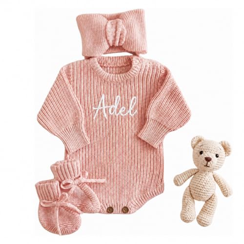 Personalized Embroidered Baby Boy Girl Clothes Outfits,Custom Name Baby Romper Set, Cotton Knit Long Sleeve Romper