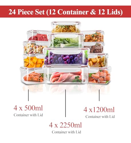 KICHLY 24 unidades de recipientes herméticos de plástico para guardar alimentos (12 recipientes, 12 tapas) Recipiente para alimentos para cocina, despensa, alacena - microondas y congelador - sin BPA - imagen 2