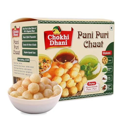 Image of Chokhi Dhani Pani Puri Chaat Kit with Mint & Coriander Chutney (210g) & Tamarind Chutney (250g) | Crispy Flat Puris, Pudina Pani & Imli Chutney | No Onion No Garlic