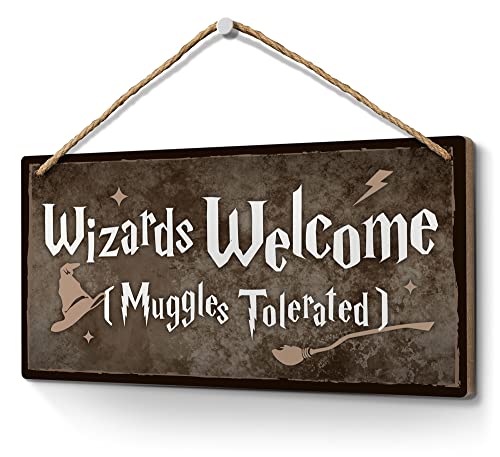 Image of Heuhuww Wizards Welcome Muggles Tolerated Sign 6"x12" Room Decor,Home Decor,Wizardry Theme Door Wall Hanging Wood Plaques Magic Christmas Gifts