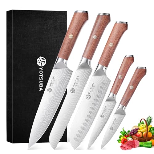 YOTSUBA Küchenmesser Set 5-teilig Messerset Scharf Küche aus hochwertigem Carbon Edelstahl Ultra Scharfes Messerset mit Kochmesser Brotmesser Santokumesser Allzweckmesser Gemüsemesser