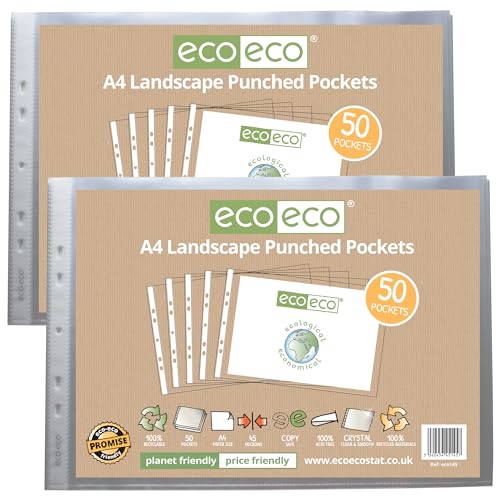 Image of eco-eco A4 100% Recycled Landscape Multi Punched Pockets Glass Clear, Transparent Poly Wallet Sheet Protector, 45 Microns (2 Packs of 50), eco145x2