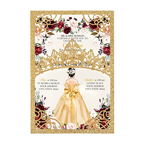 DreamBuilt 5x7.2 inch 50PCS Blank Gold Glitter Quinceanera Invitations Kit Laser Cut Hollow Crown Pocket Quinceanera Invitation Cards with Envelopes for Bridal Shower Quincenera Birthday Invite