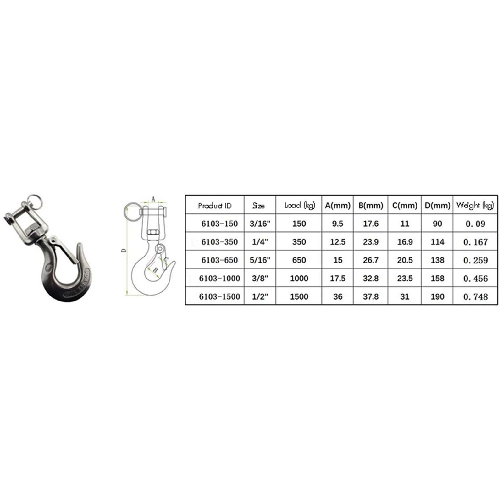 Kranhaken, 304 Edelstahl Swivel Eye Hebe Haken Last Heavy Duty Lock Rigging Snap Trigger Clevis(1000kg)