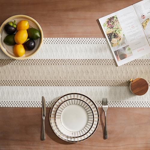 Image of ZeeMart Macrame Style Bicolor Stitching Table Runner, 14 x 60 Inch Taupe /Ivory, Boho Beige Table Runners 60 Inches Long, Farmhouse Woven Home Decor