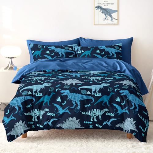 Wake In Cloud - Dinosaur Bedding Set for Boys Jurassic Dino World Sketch Soft Lightweight Comforter Set with Sheets 5 Pieces Kids Bed in a Bag Navy Blue Twin Size