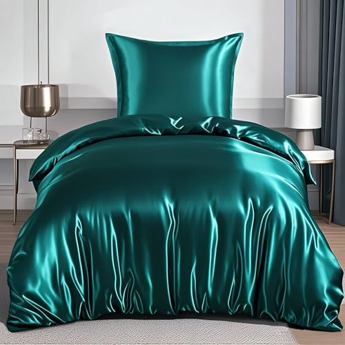 RUIKASI Juego de ropa de cama de satén de 135 x 200 cm, color verde oscuro, brillante, 135 x 200 cm, con cremallera y funda de almohada de 80 x 80 cm