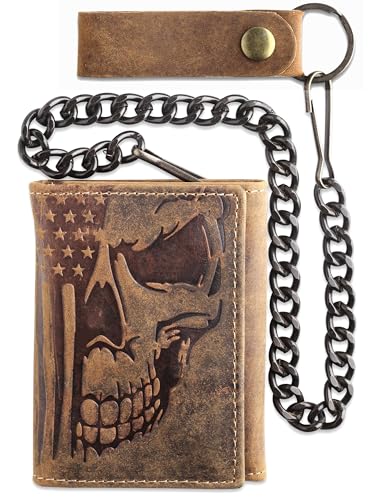 Image of F&L CLASSIC RFID Blocking Men's Tri-fold Vintage Biker Cowhide Leather Steel Chain Wallet,Snap closure, brown,skull /flag,315-103