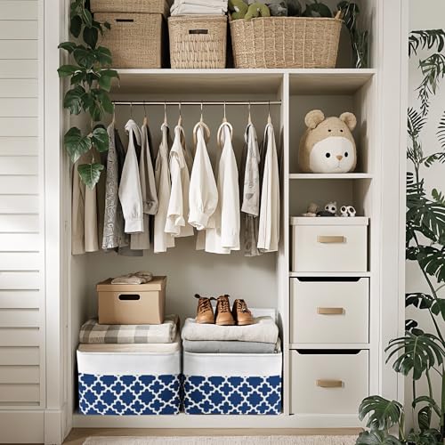 Image of DECOMOMO Foldable Storage Bin | Collapsible Sturdy Cationic Fabric Storage Basket Cube W /Handles (Navy Blue Pattern, Large - 15 x 11 x 9.5-3 Pack)
