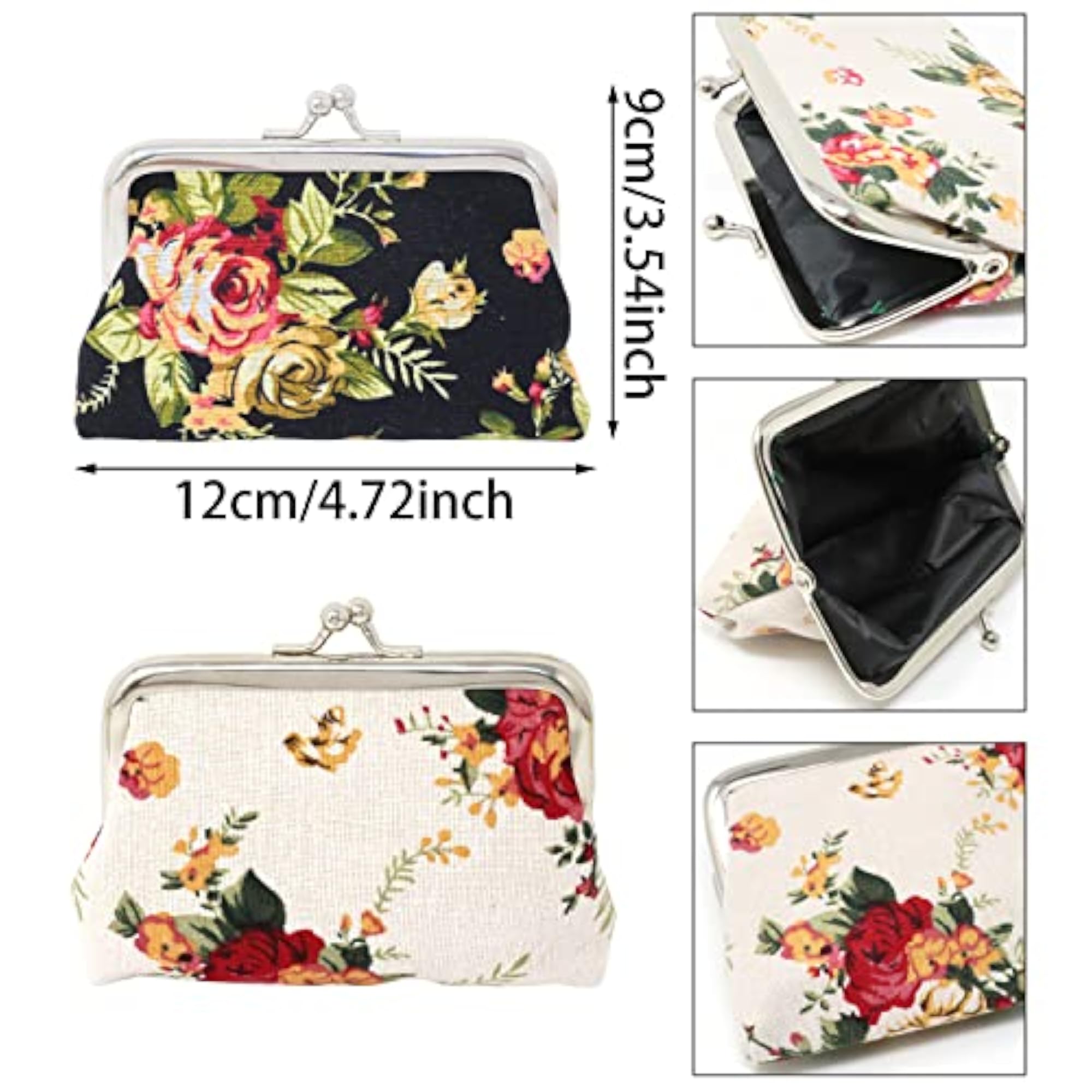 4PCS Canvas Floral Rose Coin Purse Kiss Lock Change Purse