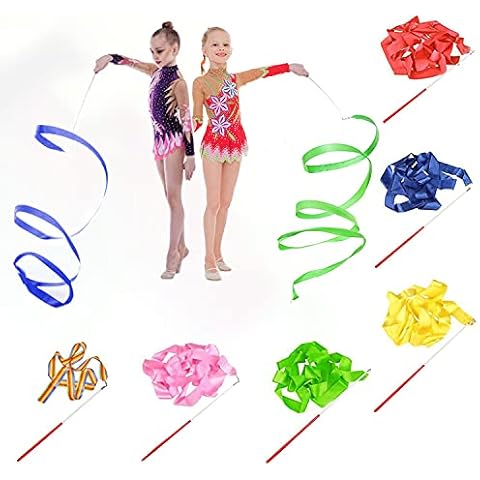 beifon 6 Pcs 2M Dance Ribbons Rhythmic Gymnastics Ribbon Dancing Streamers Ribbon Wands Baton Twirling with Rods for Kids Artistic Dancing Gym Circus Training(6 Colors) Cover