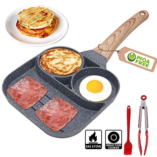 Nonstick Egg Frying Pan - 3 Section Square Grill Pan Divided Frying Pan for BreakfastBurgers and BaconSuitable for Gas Stove Induction CookerSafe and PFOA-Free