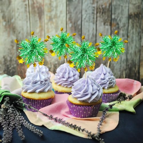 Ephlyn 30Pcs Foil Firework Cupcake Toppers Happy Birthday Cake Toppers Tinsel Flower Drink Stirrers Cocktail Food Fruit Toothpicks for Valentine's Day Party Decorations Green by Ephlyn - Used condition - Image 4