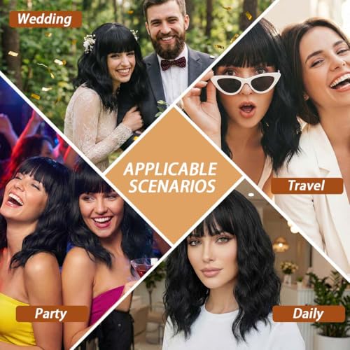Image of Pastel Black Wavy Bob Wig for Women, Short Shoulder Length Synthetic Wig with Bangs, Natural Looking Lightweight Hairpiece for Daily Wear & Cosplay Costume Party