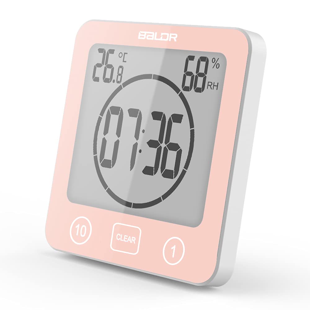 YiChZhe Bathroom Alarm Clock Bath Timer Waterproof Digital Bathroom Clock Shower with Hygrometer and Thermometer, LCD Display, Countdown Timer, for Shower, Kitchen, Family Everyday (Pink)