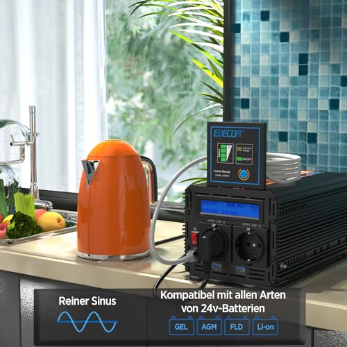Edecoa Spannungswandler 24V auf 230V mit Fernbedienung und LCD-Bildschirm