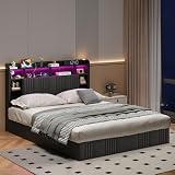Polsterbett 140x200cm Doppelbett mit USB- und Typ-C-Ladeanschluss,LED Doppelbett Hydraulisch Stauraumbett mit Lattenrost,Jugendbett Funktionsbett,bett 140x200 mit stauraum (Grau+Leinen, 140x200cm)