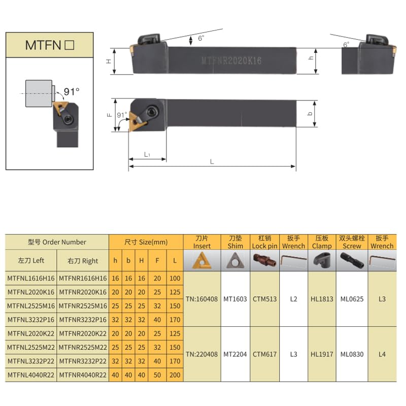 1pc External Turning Tools Holder MTFN MTFNL1616K16 MTFNR2020K16 MTFNR2525M22 3232P16 Lather CNC Machine Bar Cutting Tool(MTFNR3232M16)