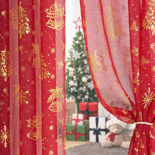 RYB HOME Red Christmas Curtains with Gold Foil Stamping Pattern, Sheer Curtains Light Filtering Window Treatment Beautiful Christmas Home Decor, W52 x L84, Red,2 Panels