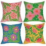 Fjfz Retro Flower Decorative Throw Pillow Covers 18 x 18 Set of 4, Bright Floral...
