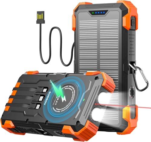SUDROV Solar Powerbank, 26800 mAh tragbares Ladegerät mit 4 integrierten Kabeln, IPX7 wasserdicht, sturzsicher, inkl kabellosem Laden & LED-Taschenlampe für Smartphones, Tablets und Outdoor-Camping SUDROV Solar Powerbank, 26800 mAh tragbares Ladegerät mit 4 integrierten Kabeln, IPX7 wasserdicht, sturzsicher, inkl kabellosem Laden & LED-Taschenlampe für Smartphones, Tablets und Outdoor-Camping