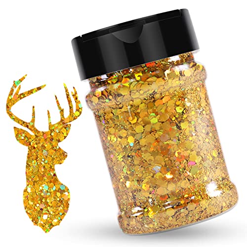 HTVRONT Holographic Chunky Glitter 100g, Gold Chunky Glitter for Resin & Tumbler, Iridescent Glitter Chunky Mixed with Fine Glitter, Chunky Glitter for Nail, Decor, Art, Makeup, Body, Craft Glitter