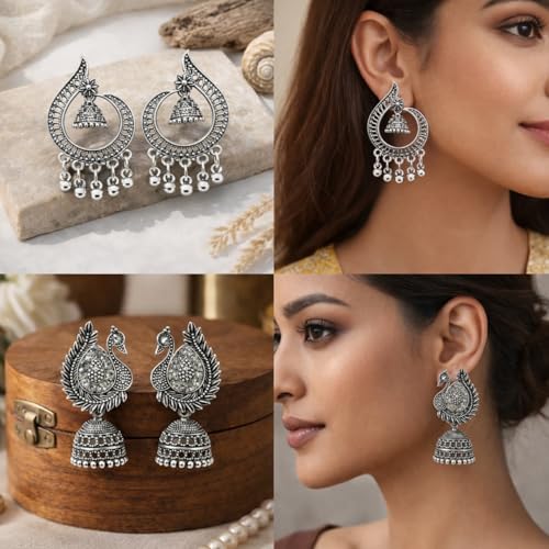 Image of Oxidised Silver Look Jhumka Earrings Box for Women | 16 Pairs Traditional Ethnic Jhumki Combo Gift Hamper with Velvet Box | Festive Wedding Jewellery | Gift For Women