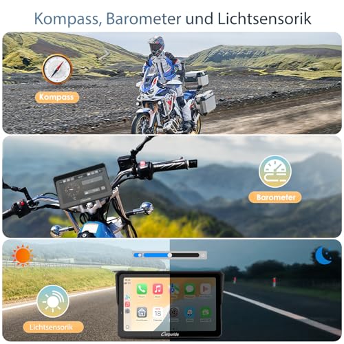 Carpuride W702T Pro Motorrad Carplay Bildschirm mit TPMS System, Kabellos CarPlay & Android Auto, Tragbar 7\ Wasserdicht Touchscreen, Dual Bluetooth, Gegensprechfunktion, Navi, Kompass, Barometer.